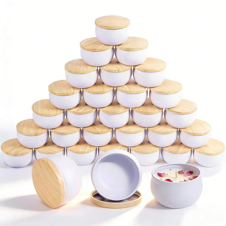 16pcs Set Of Wooden Grain Pattern Blank Candle Jars With White Lids. These Multi-Functional Small Sealed Jars Feature A Minimalist Design, Suitable As Decorative Accents, Desktop Decor Or Gifts, Practical And Fashionable.