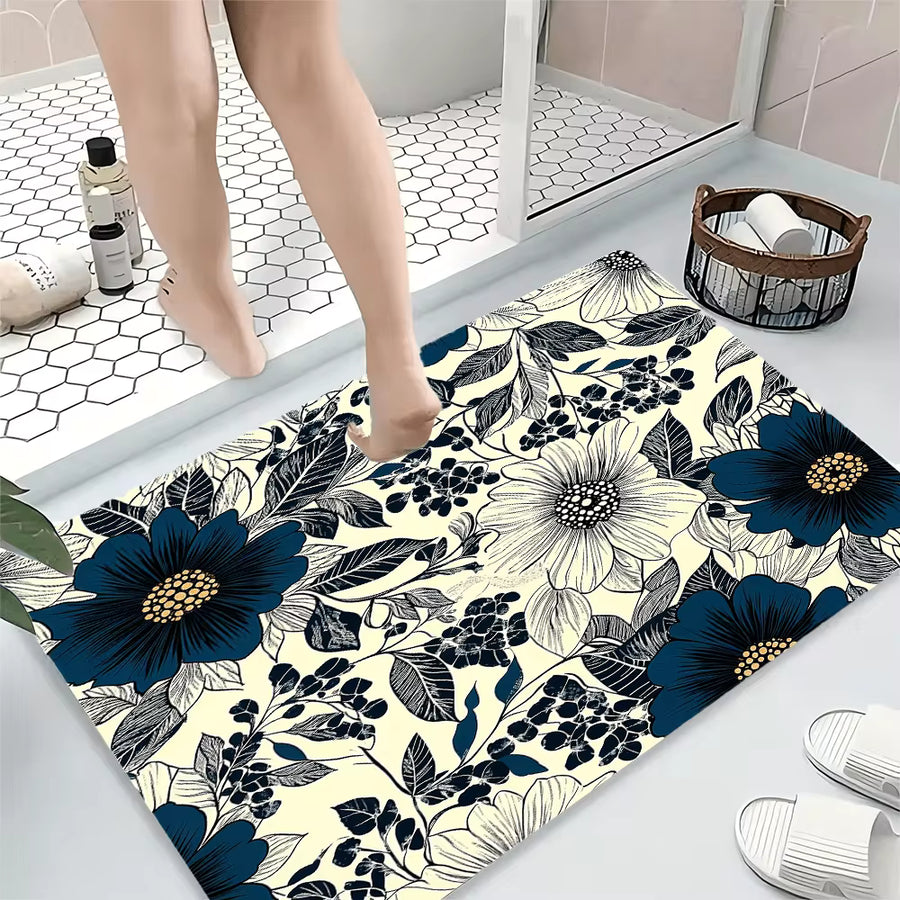 1pc Vintage Floral Shower Curtain - Navy Blue, Beige Botanical Bathroom Decor With, Extra Long 70.8X70.8 Inches, Machine Washable Polyester Curtain With 12 Hooks For Bathtub Or Shower - Elegant Bathroom Window Treatment, Bathroom Shower Curtain